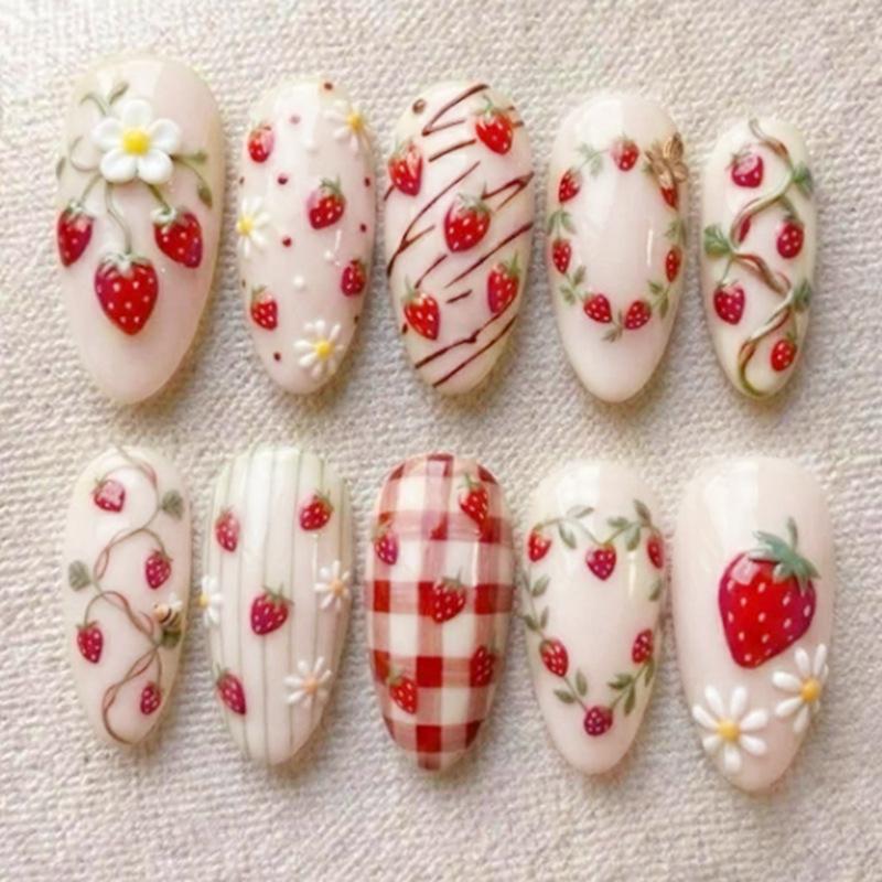 W2217 3D Girlish Sweet Strawberry Garden Stylish European American Removable Press On Nails 24Pcs