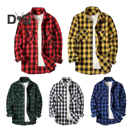 Fall Winter Men Shirt Coat Plaid Print Long Sleeves Chest Pocket Turn-down Collar Single-breasted Loose Contrast Color Jacket