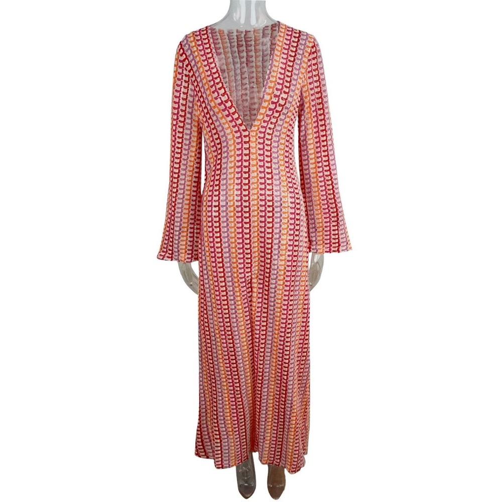 Crochet Colorful Stripe Maxi Dress Women Flare Sleeve V-neck High Split Sexy Long Dresses Beach Banquet Vestidos