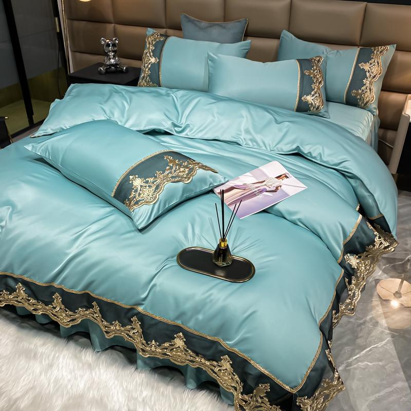 Luxury Bedding Set 3Pcs Duvet Cover Set King Size  Bed Skirt Lace Double Side Washed Silk Design Reactive Printing Sleep Coolly