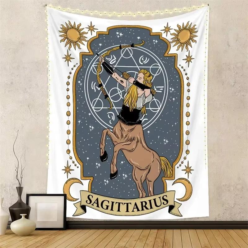Twelve Constellations Wall Tapestry Hanging Tarot Hippie Wall Rugs Moon Sun Wall Art Decor Background Cloth Mandala Home Decor