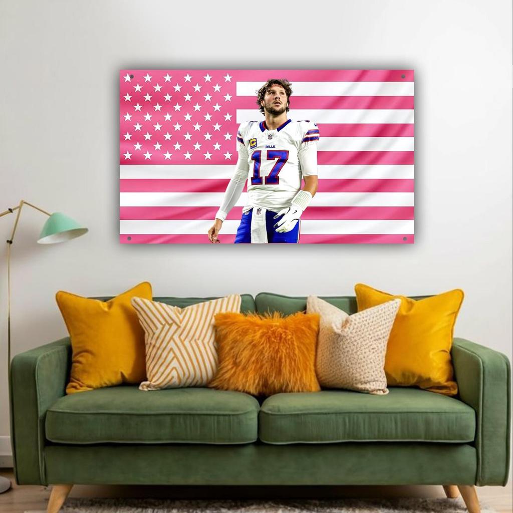 Josh Allen Rosa Amerikanische FlaggeFootball Quarterback Wandteppich Buffalo Stadt Sport DekorFrat Schlafsaal Motivationsflagge