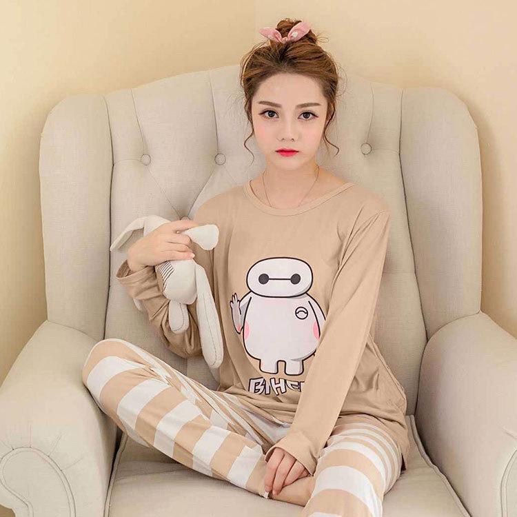 Women's Korean Style Pajama Set: Long Sleeve, Round Neck, Cute Cartoon Print, Comfortable for Spring & Autumn