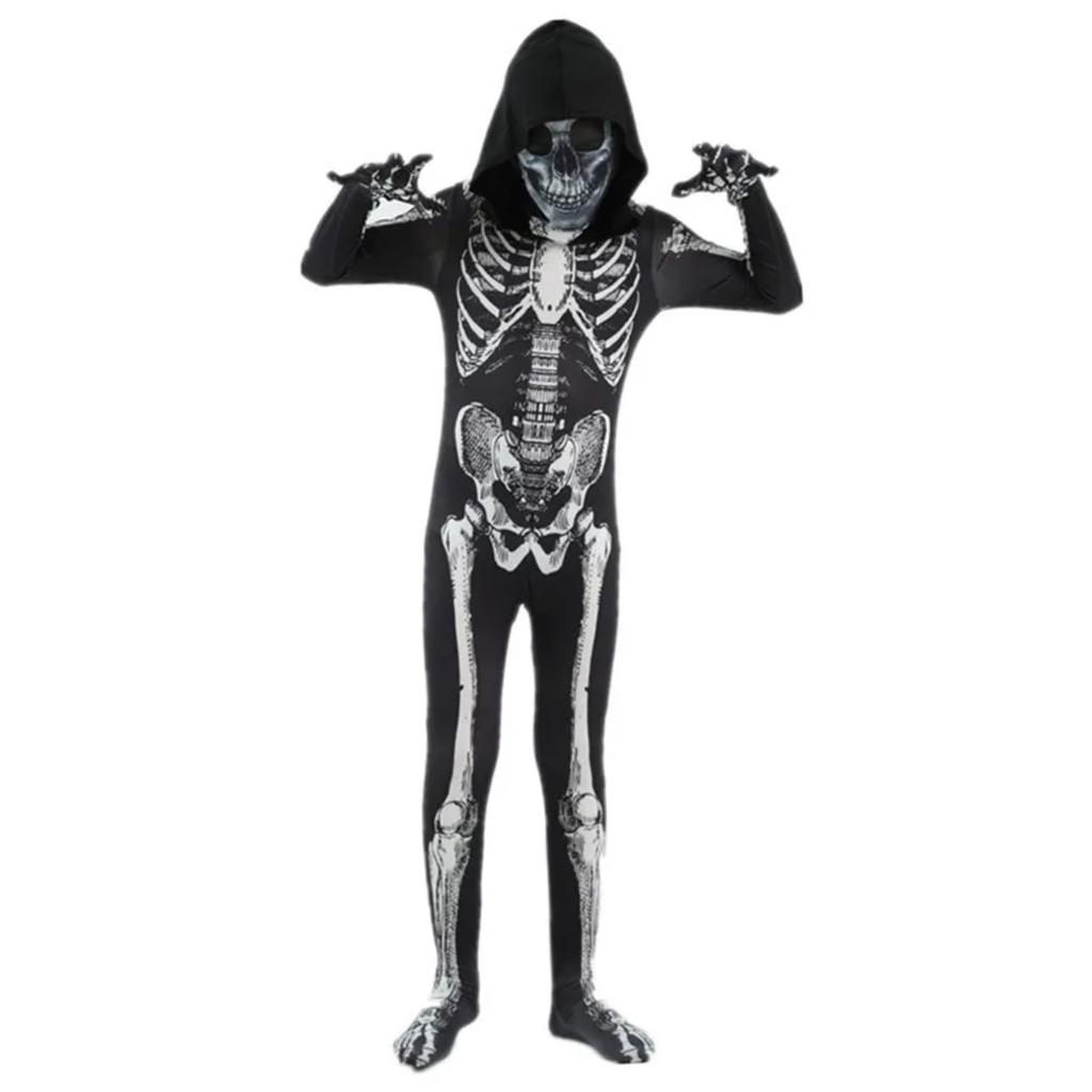 Scary Halloween Kids Hooded Costume Scary Skeleton Grim Reaper Costume Boys Spooky Costume Mardi Gras Party Costume