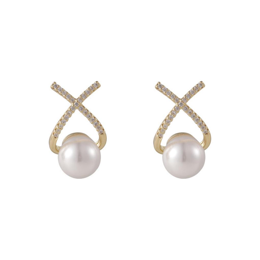 X Letter Pearl Cross Earrings Light Luxury Fashion Temperament Net Red Earrings Female