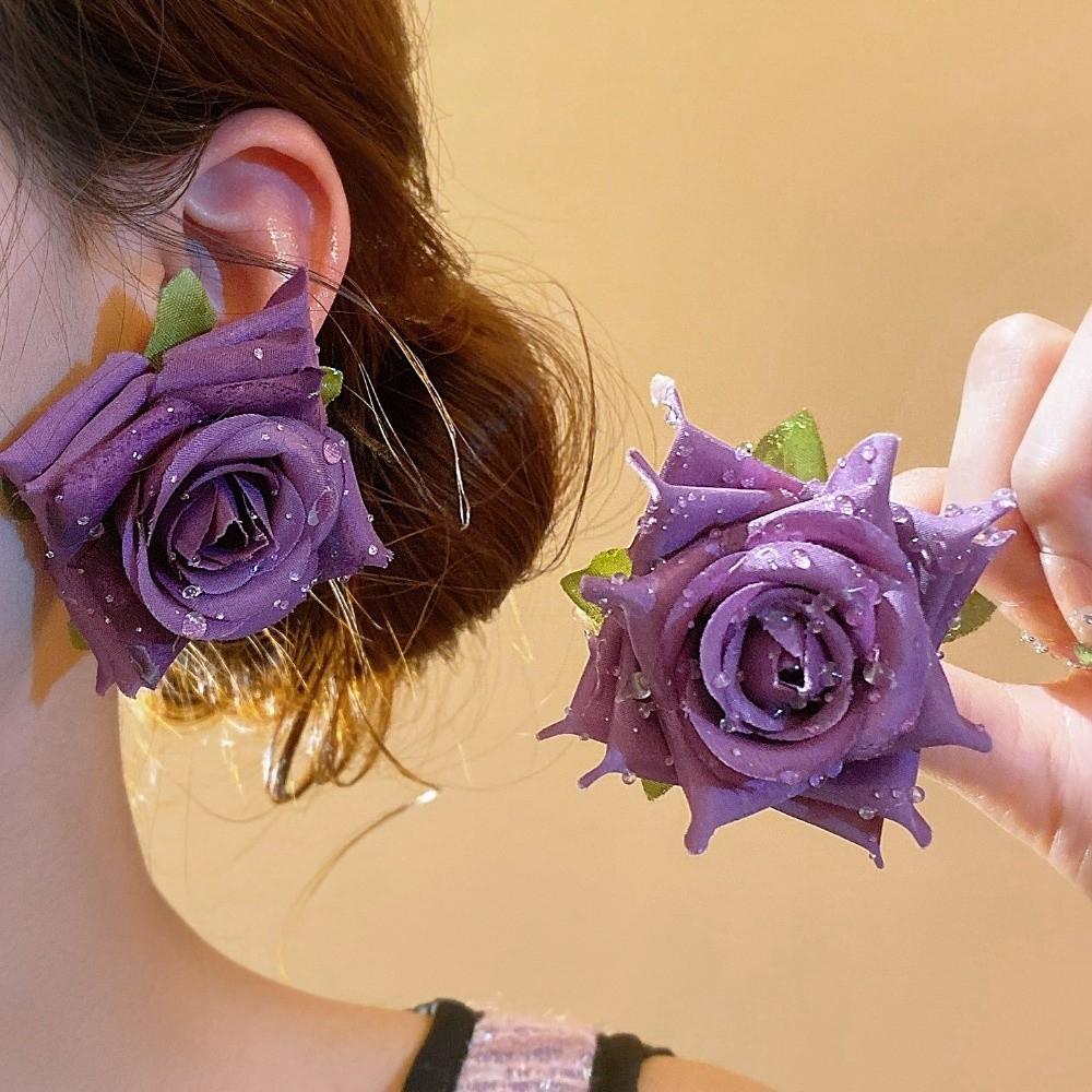 Cloth Floral Stud Earrings Solid Color Drop Earrings Retro Rose Flower Earrings  Women