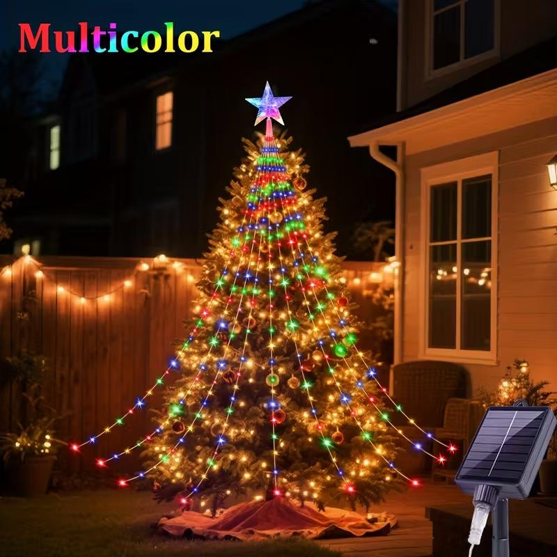 1PC Five-pointed Star Waterfall Lights USB/Solar Powered Christmas Festoon String Lights Party New Year's Eve Decorations
