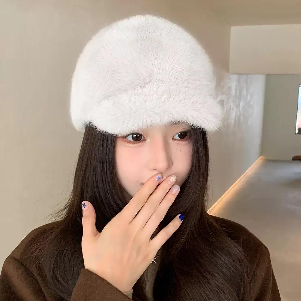 Faux Mink Baseball Cap for Women Winter Thickened Warm Hat with Wide Brim Slouchy Style for Small Face Oversized Brim Cap