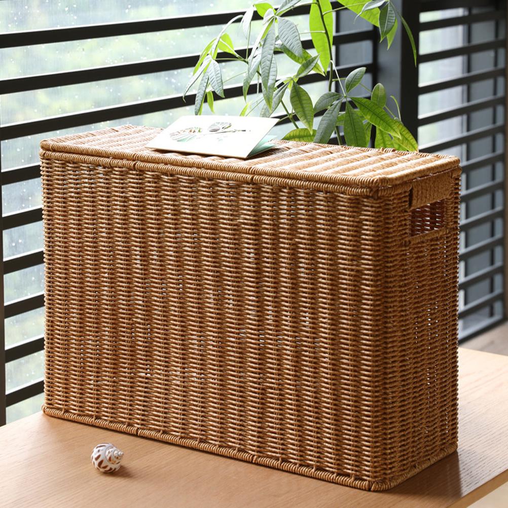 Narrow and Tall Storage Box with Lid Vegetable Basket Weave Sundries Baskets Garbage Bin Toys Organizer Can Weaving Tabletop