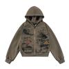 Y2K Millennium Style 3D Print Cropped Hooded Zip Up Sweatshirt Retro Distressed Gray Slim Fit Casual Top Young Adults
