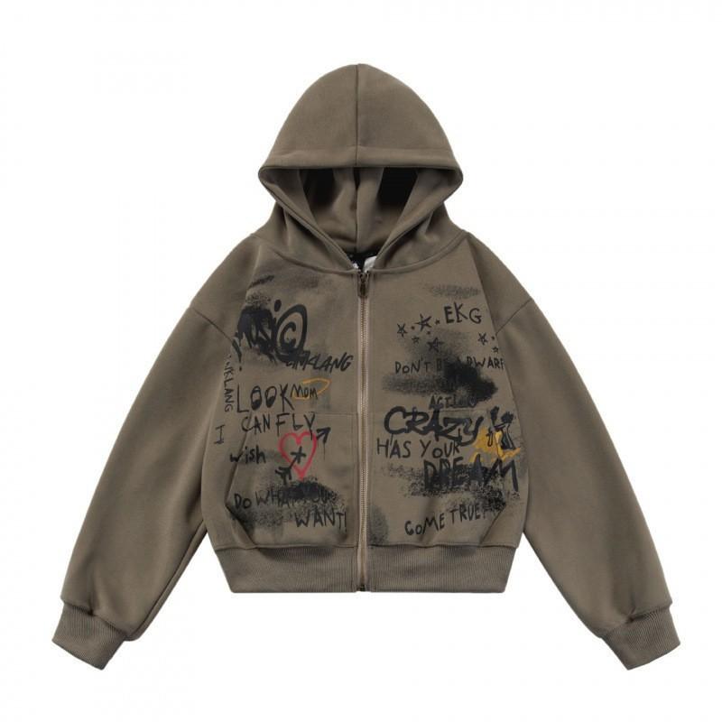 Y2K Millennium Style 3D Print Cropped Hooded Zip Up Sweatshirt Retro Distressed Gray Slim Fit Casual Top Young Adults