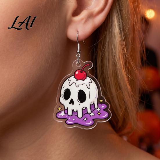 Unique Gothic Dangle 1 Pair Acrylic Halloween Earrings for Women 2D Flat Cute Cartoon Playful Dark Style Ghost Skull Drop Earrings Holiday