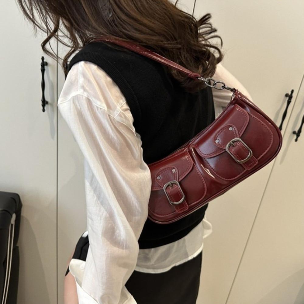 Y2k Pu Leather Shoulder Bag Vintage Zipper Handbag Fashion Women's Armpit Bag  Commuting