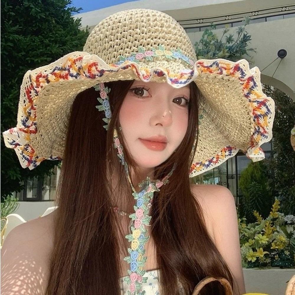 Ethnic Style Straw Hat Large Brim Sun Protection Hat Fashionable Fisherman's Hat  Vacation