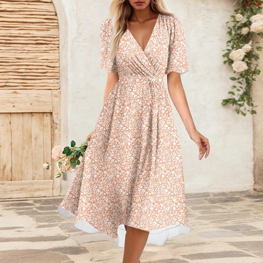 Women's Summer Loose V Neck Short Sleeve Dress, Elegant Dress