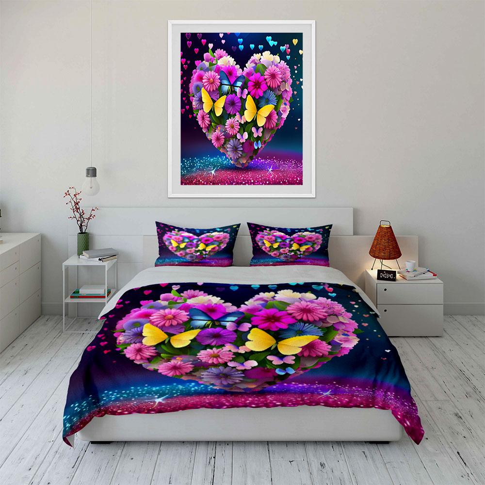 Romantic Floral Butterfly Decoration Set Bedding Set with 1 Duvet Cover 2 Pillowcases Single Double King Queen, Gift