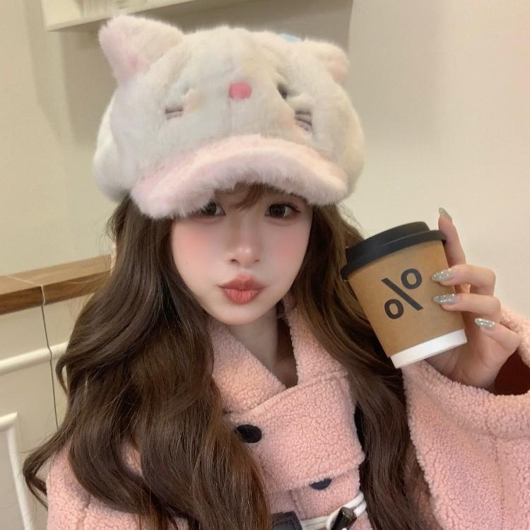 2025 new cute kitten plush hat women's season plush to keep warm and cold, showing the face small ear protector Lei Feng hat
