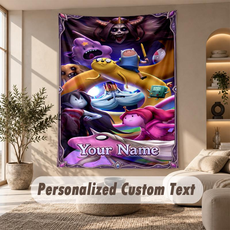 Adventure Time Cartoon Tapestry, Personalized Custom Text, Wall Hanging Tapestry For Living Room Home Wall Decor