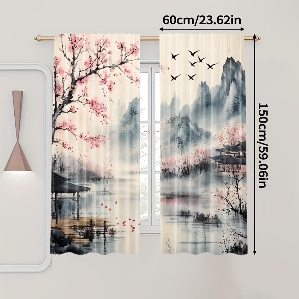 Set di 2 Tende con Paesaggio Asiatico Fiore di Ciliegio Montagna Pagoda Soggiorno Camera da Letto Ufficio Asta Non Inclusa Tende Filtranti per Luce per Area Realizzata