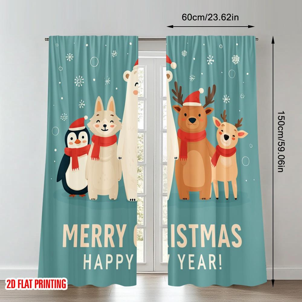 2pcs 2D flat printing Merry Christmas Curtains Cute Christmas Animals Merry New Year Digital Printed Polyester Drapes Party