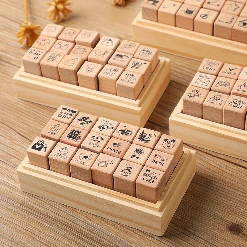 Daily Life 18 Pcs Wood Seal Set Box Diy Diary Decoration Material Stamp Wooden Box 4 Options Wooden Seal Gift