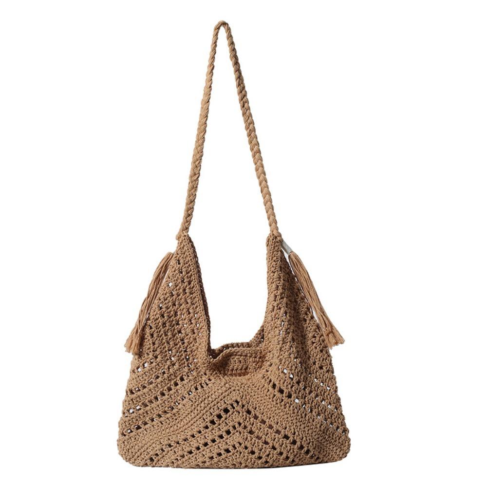 

Trendy Bohemian Knitted Shoulder Bag Solid Color Hollowed Weave Handbag Large Capacity Cotton Thread Crochet Tote Bag Beach коричневий