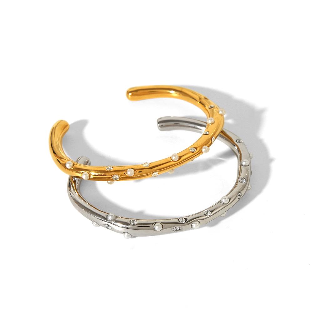 French Retro 18K Gold-Plated Zircon Pearl Stainless Steel Open Bangle Bracelet