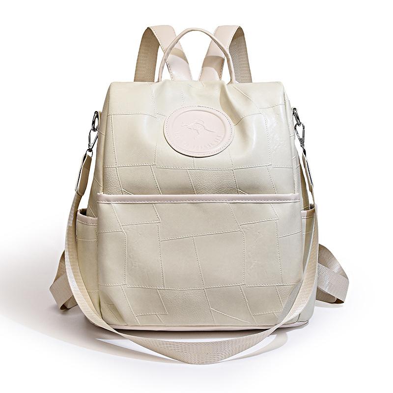 Soft Leather Women Backpack Geometric Pattern Patchwork Backpack Large Capacity Women's Travel Bag