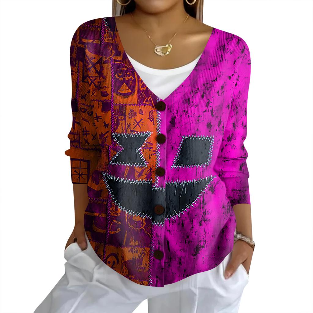 Women's Fashion Casual Knit Sweater Button-Up Halloween Printed  Cardigan Jacket