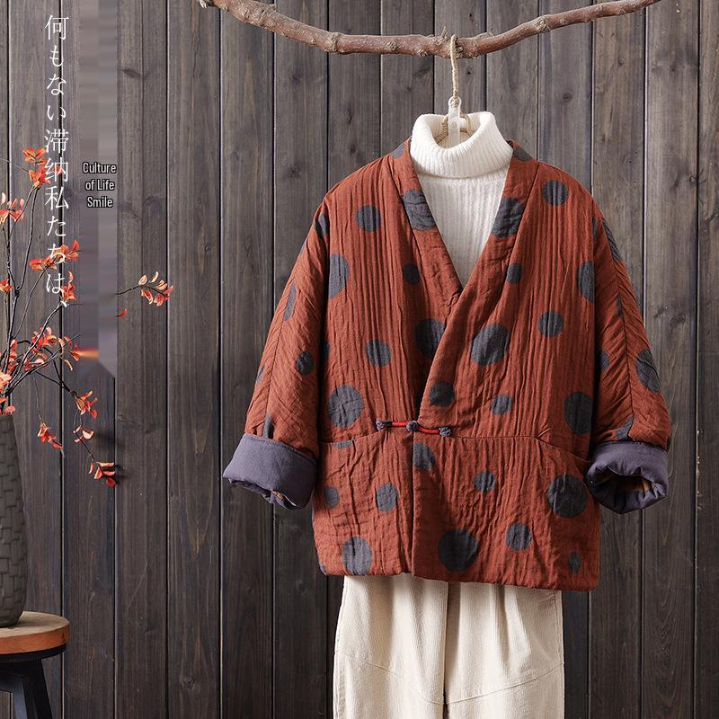 Artistic Retro Ethnic Polka Dot Cotton Linen V-Neck Jacket - Short Style, Padded for Autumn/Winter XL оранжевый