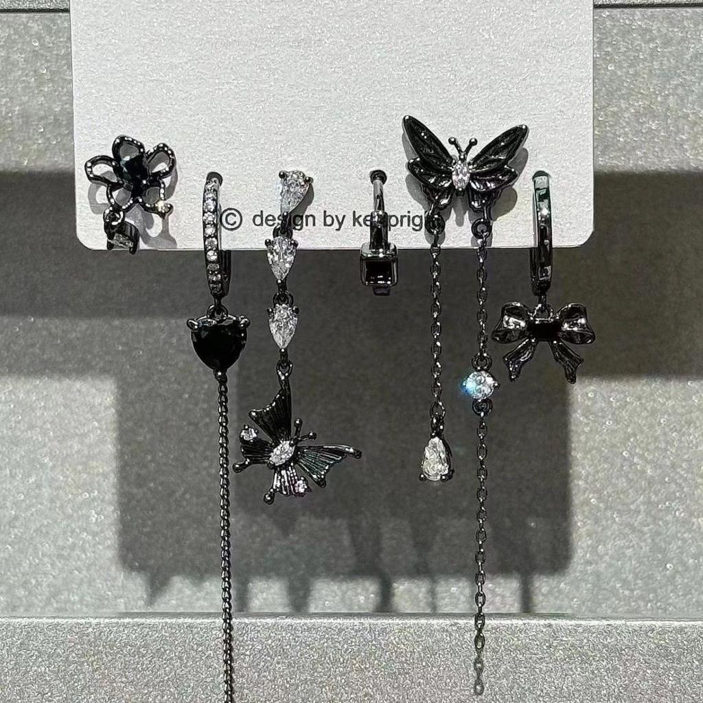 6pcs Set Personality Trend Dark Butterfly Heart Star Cross Tassels Zircon Stud Earrings for Women Hip-hop Rock Y2K Jewelry Gift
