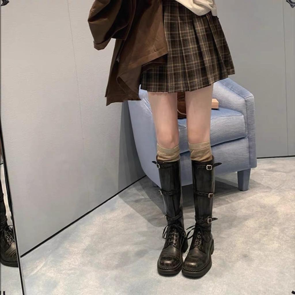 Cowhide Version Miu Home Thick-soled Heightening Boots Long Boots Women's Autumn and Winter High Knight Boots Wide Cowboy Boots