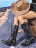 American Style Embroidered Western Square Toe Chunky Heel Cowboy Boots, US Size 34-46, Mid-Calf Pull-On