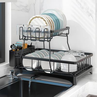 Abtropfgestell mit 2 Ebenen, Abtropffläche, Utensilienhalter, Becherhalter und zusätzlicher Abtropfmatte – Schwarz, European Cosina