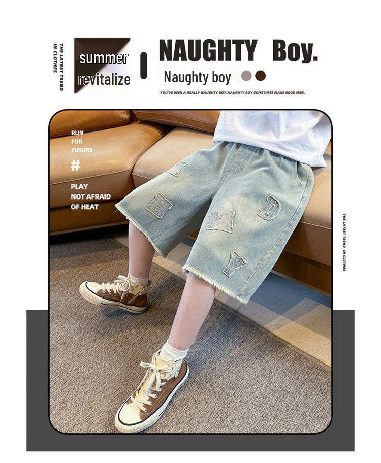 Zhongda Boys' Embroidered Denim High-Waisted Shorts