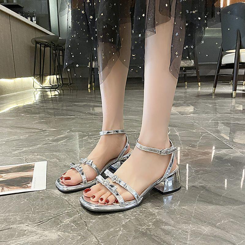 Coarse heel bow with fairy sandals women's 2025 summer and autumn explosion silver beautiful skirt high heels