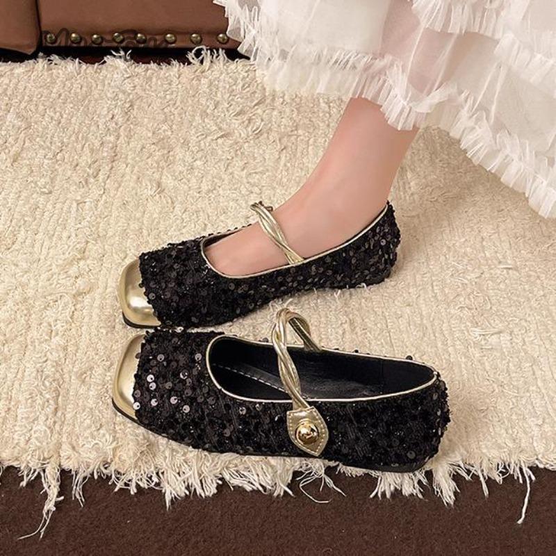French Glitter Bling Mid Heel Pumps Women's Fashion Slip-on Footwear Comfortable Office Ladies Mary Janes Buckle Strap Casual