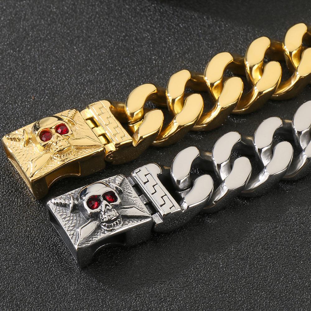 Braccialetti Punk Teschio Viso Testa Uomo Con Occhi Rossi Zirconia Cubica Acciaio Inossidabile Catena Link Cubana Bracciali Gioielli Cyberpunk Regali Vichinghi