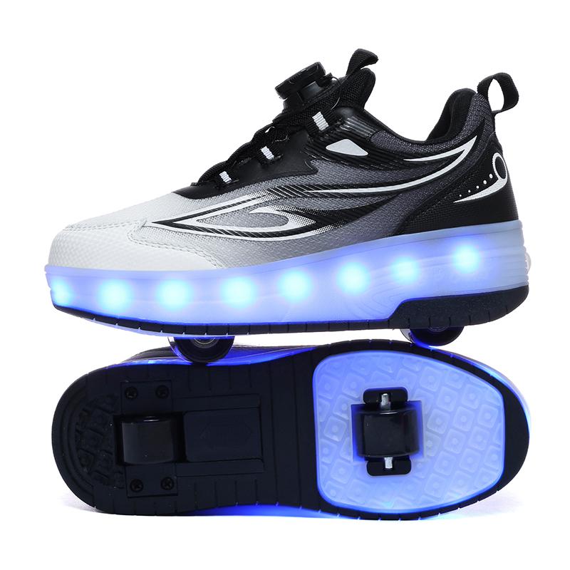 

Детские двухколесные двухцелевые светодиодные перезаряжаемые светящиеся роликовые коньки, двухрядные кроссовки на роликах 37 чёрный