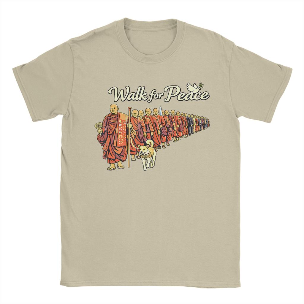 Retro Walk for Peace Monks with Aloka Dog Minimalist Zen Art TShirt Cotton T Shirts For Couple Tee Shirt ShortSleeve Top Tees