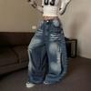 High-Waisted Distressed Washed Denim Pants Women Loose Cropped Streetwear Jeans Hip Hop Jazz Dance