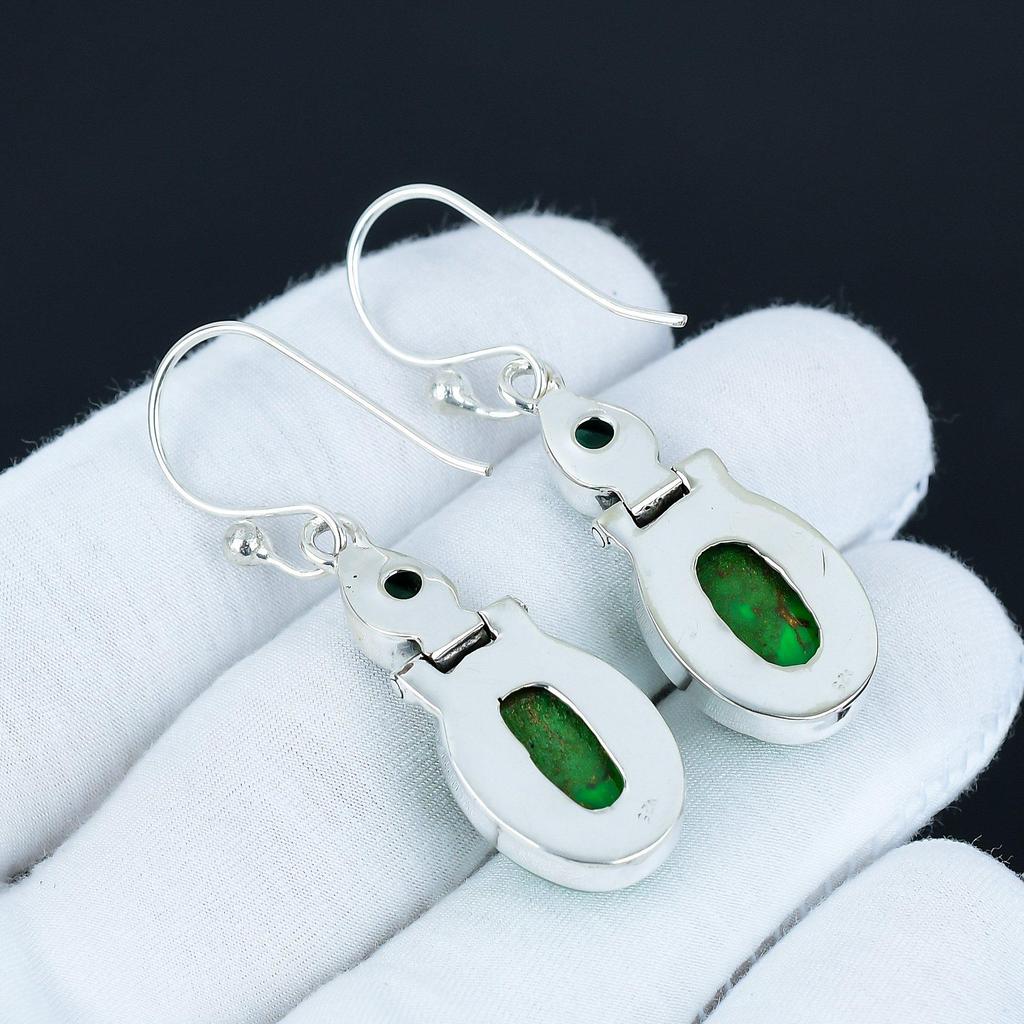 Green Copper Turquoise & Green Apatite Earrings, 925 Sterling Silver Earrings, Antique Gemstone Jewelry, Dangle Drop Earrings For Women's