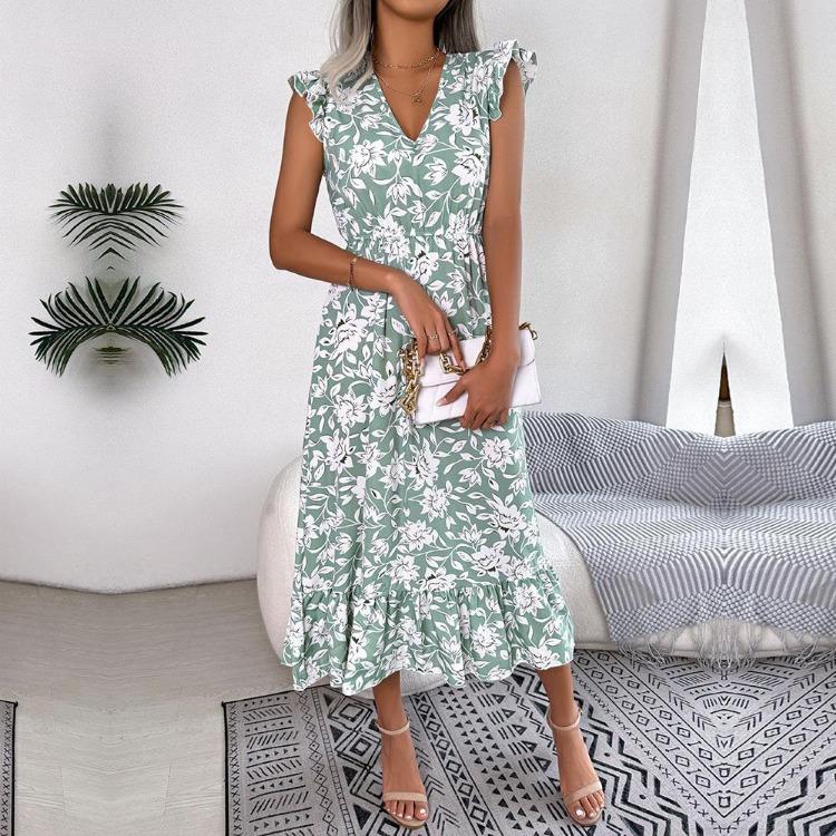 Sommer Damen Blumen V-Ausschnitt Ärmellos Urlaubs-Kleid Hohe Taille Holzohr-Kante Design