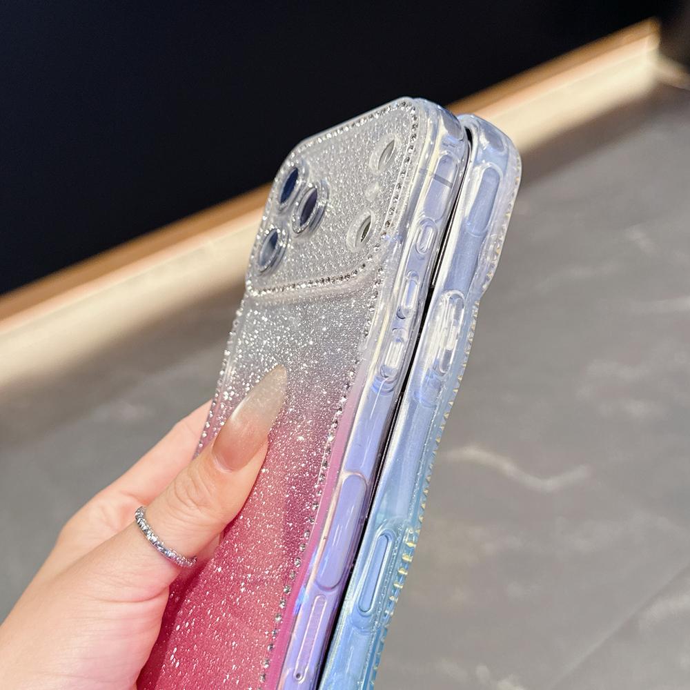 KEYSION Gradient Glitter Jewelled Phone Case for iPhone 16 17 Pro Max Air 16 Plus Wavy Border Lens Protector Shockproof Cover