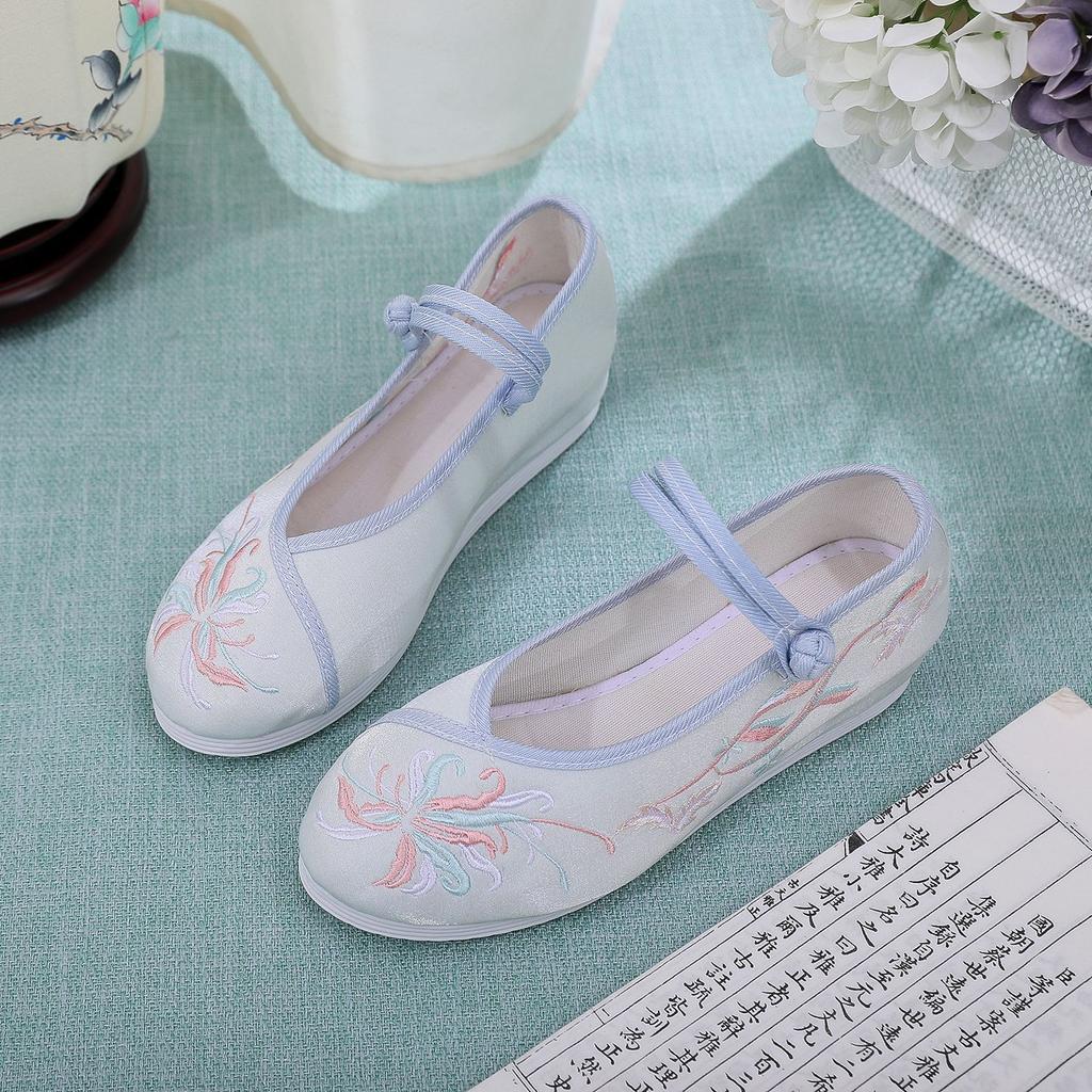 Higan Flower, Inner Height Increase of 3 Cm, New Antique Series Flat Heel Round Head Low Top Embroidered Shoes Hanfu Shoes