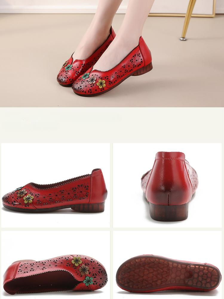 Johnature Versatile Flat Sandals Ethnic Style Genuine Leather Soft Sole Hollow Breathable Women's Shoes
