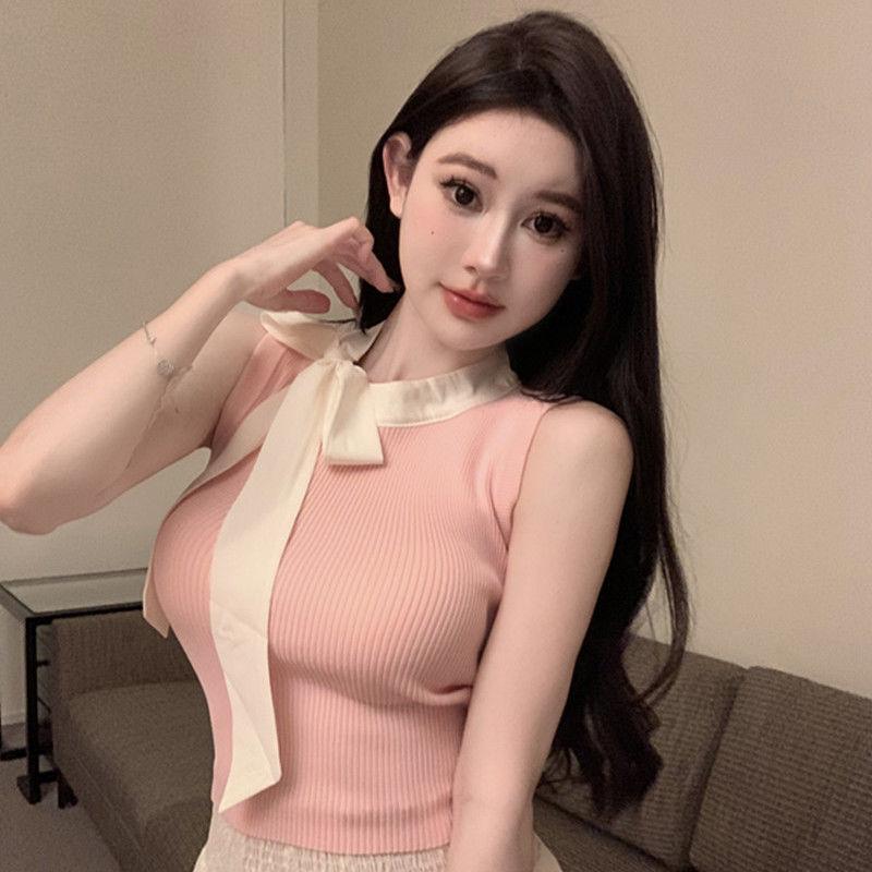 

Halter Tie Bowknot Short Sleeveless Top Women s Summer French Black Camisole Tank S рожевий