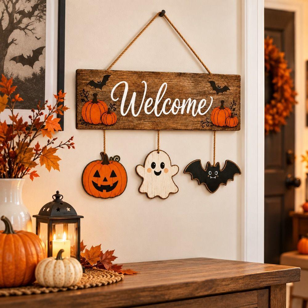 2D Flat Pumpkin Ghost Bat Wood Plaque Wear-Resistant Rustic Welcome Board Pendant Home Outdoor Use