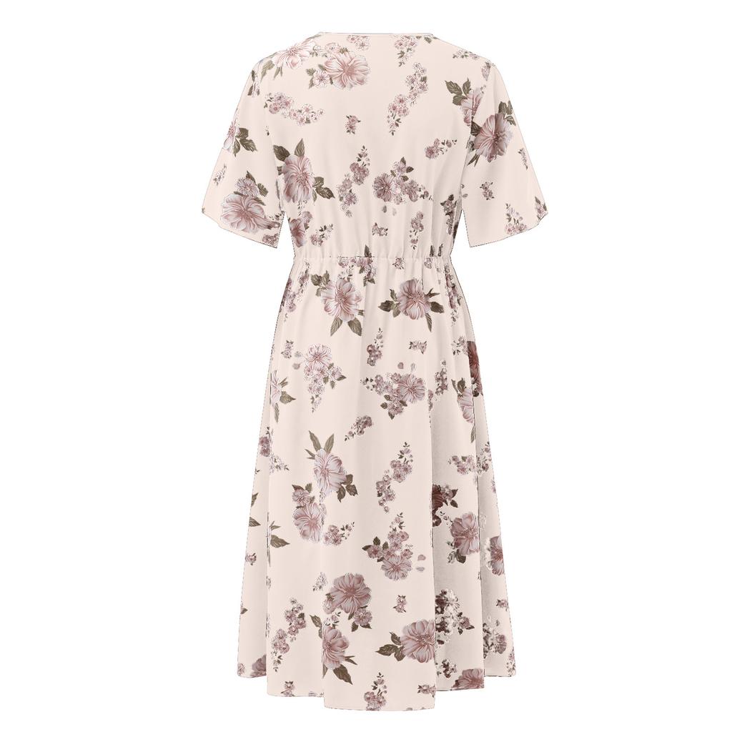 Large Size Ladies Flower Print V-neck Short-sleeved Dress European and American Waist Loose Split Mid-length Chiffon Skirt