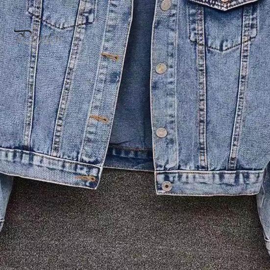Winter Women Jacket Bead Decor Plus Size Long Sleeves Turn-down Collar Chest Pockets Button Closure Coat Short Type Casual Streetwear Denim Coats